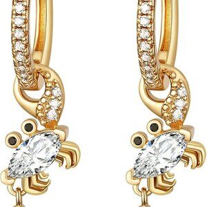 Cute Crab Dangle Earrings 14K Gold Plated Ocean Crystal for Women, Lightweight,